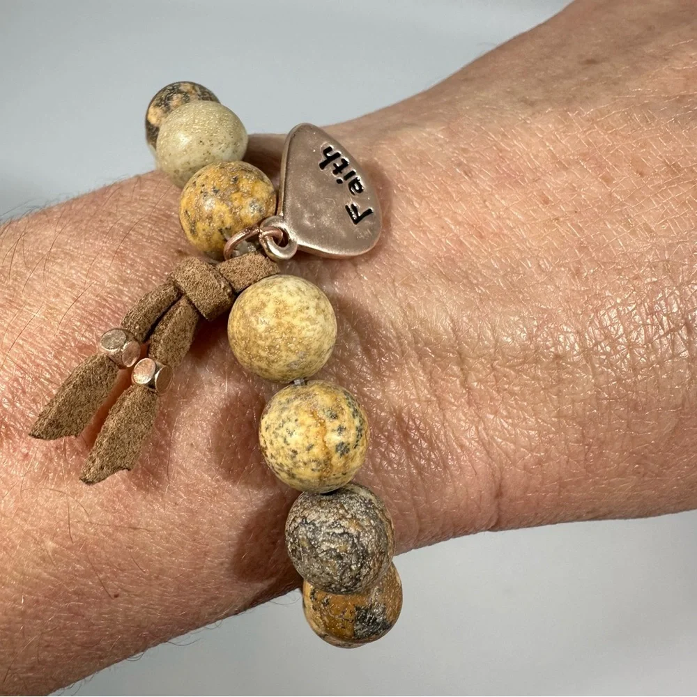 Semi-Precious Stone Beaded Faith Charm Stretch Bracelet Inspirational New Gift